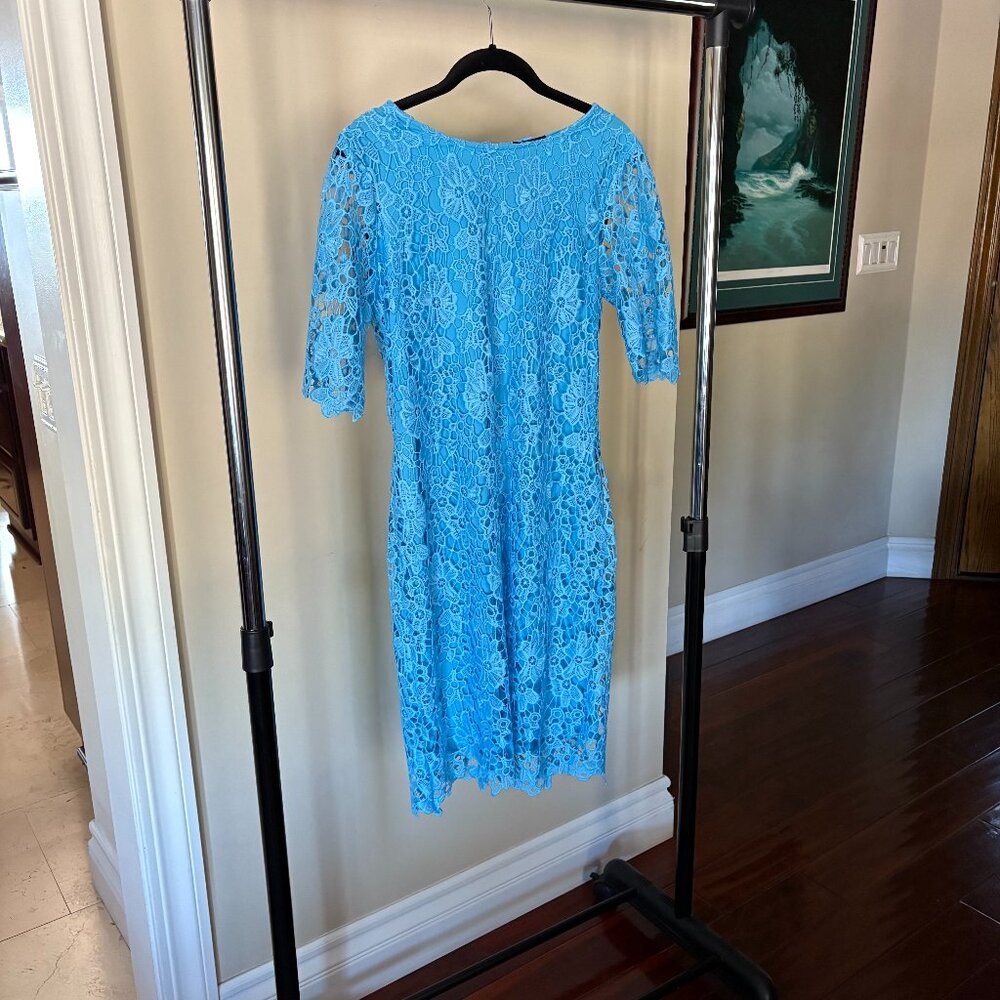 Nina Leonard Blue Sheath Dress with Bateau Neckline